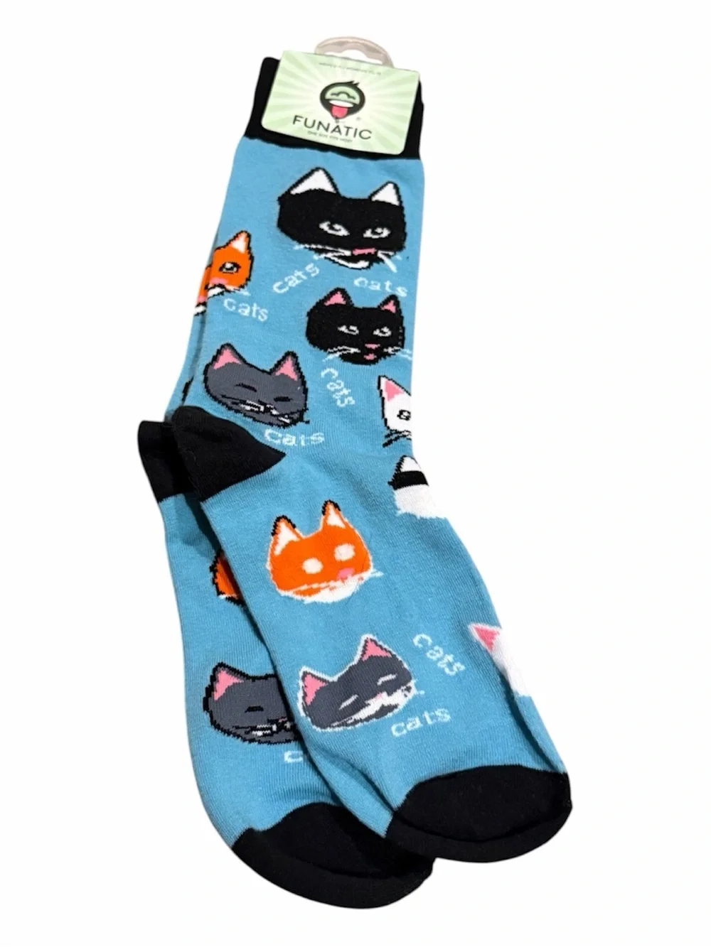 Funatic Playful Cats Crew Socks in Light Blue with Multicolor Cat Faces